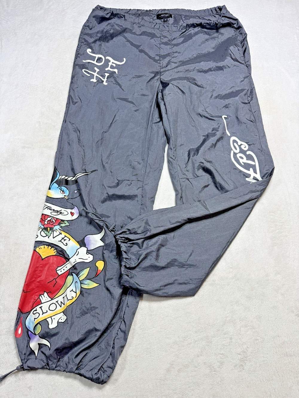 Vtg Ed Hardy Tattoo Nylon Parachute Track Pants Cyber Grunge Y2K Goth 90’s Sz M
